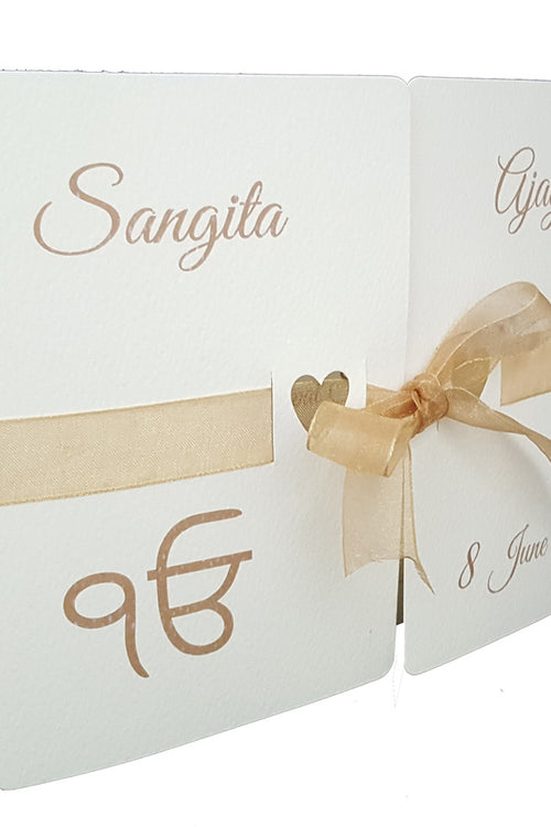 Load image into Gallery viewer, Ivory and Gold ribbon Personalised Sikh Invitation ABC 847

