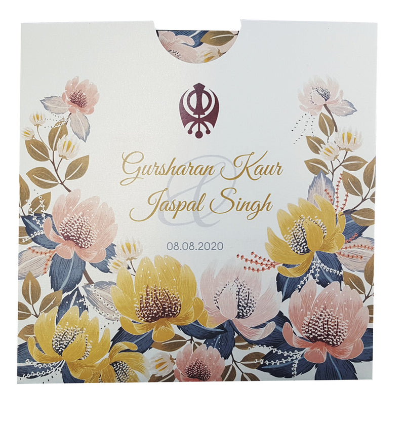 ABC 851 Modern Floral Sikh Personalised Square Pocket Invitation Card