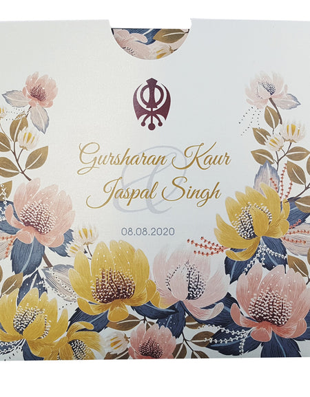 ABC 851 Modern Floral Sikh Personalised Square Pocket Invitation Card