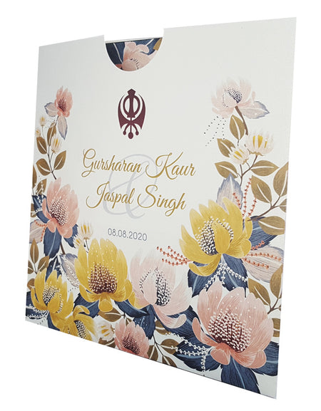ABC 851 Modern Floral Sikh Personalised Square Pocket Invitation Card