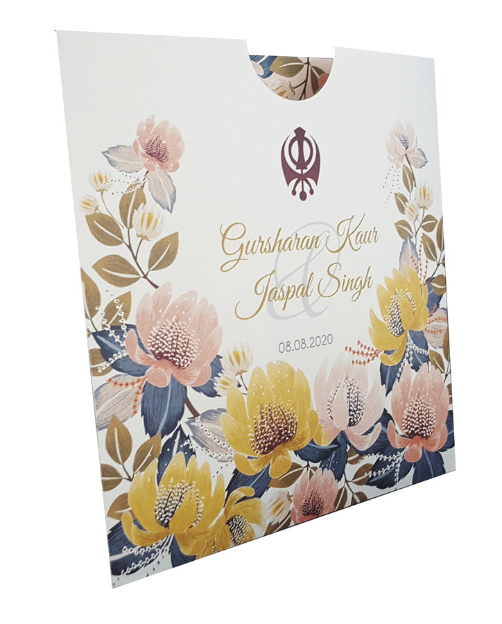ABC 851 Modern Floral Sikh Personalised Square Pocket Invitation Card