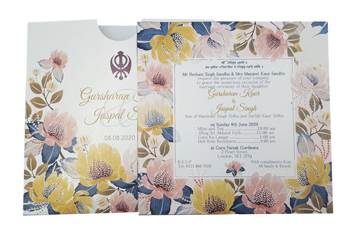Load image into Gallery viewer, ABC 851 Modern Floral Sikh Personalised Square Pocket Invitation Card
