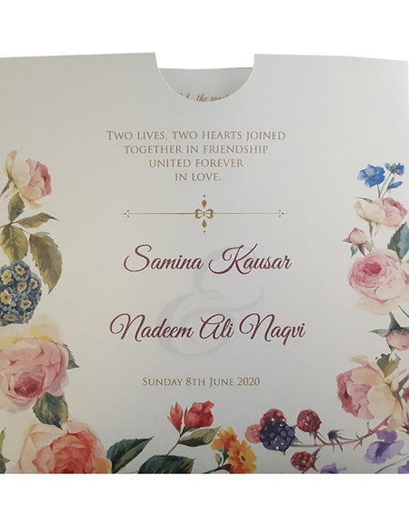 Front view of ABC 852 Square Peachy Floral Pocket Invitation, showcasing a customizable floral design and pocket feature, perfect for weddings and special events