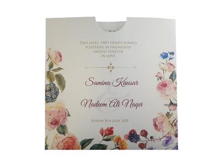 Front view of ABC 852 Square Peachy Floral Pocket Invitation, showcasing a customizable floral design and pocket feature, perfect for weddings and special events