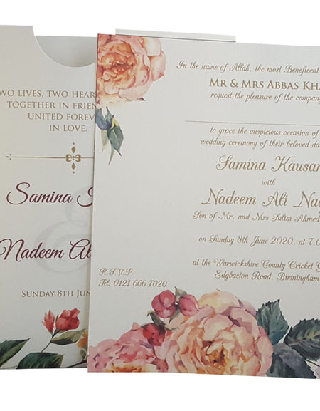 Open view of ABC 852 Invitation, revealing the pocket design with space for inserts, customizable with floral patterns, images, or religious motifs