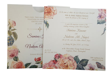 Open view of ABC 852 Invitation, revealing the pocket design with space for inserts, customizable with floral patterns, images, or religious motifs