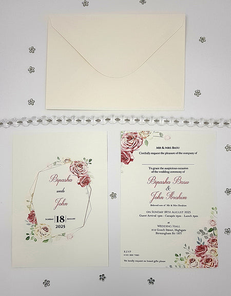 ABC 1051 Geometric Floral Rose Wreath A5 Double Sided Invitation