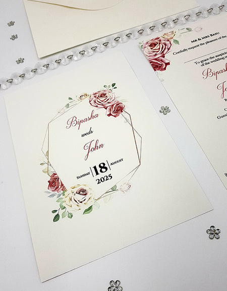 ABC 1051 Geometric Floral Rose Wreath A5 Double Sided Invitation