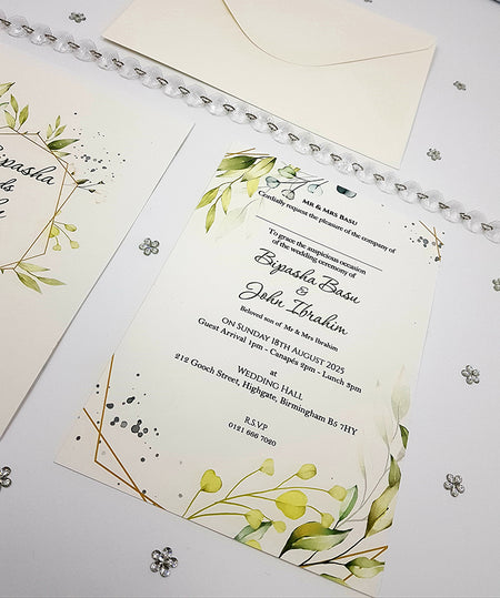 ABC 1053 A5 Green leaves geometric Invitation