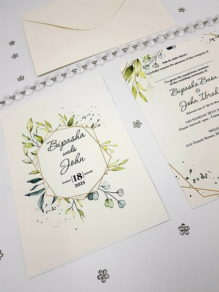 A5 size invitation card with a floral design, space for personalized details, and an envelope.