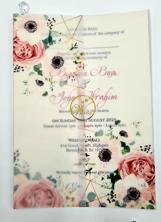 Peach and Pink Floral Design Translucent Wrap Invitation ABC 1091