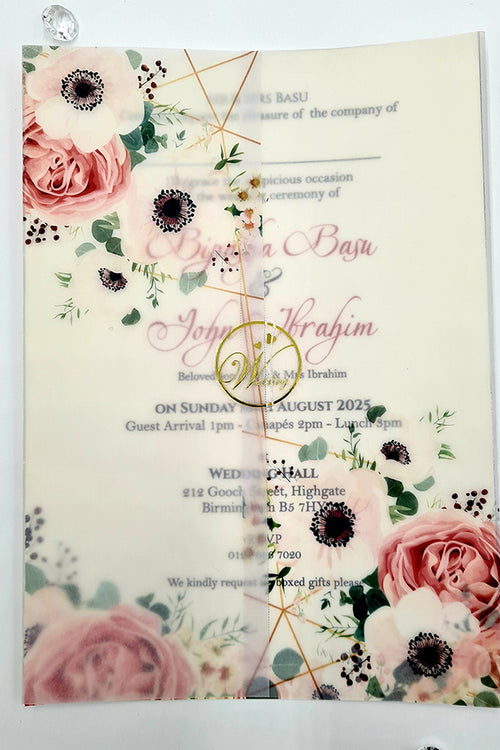 Load image into Gallery viewer, Peach and Pink Floral Design Translucent Wrap Invitation ABC 1091
