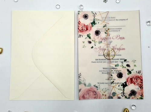 Load image into Gallery viewer, Peach and Pink Floral Design Translucent Wrap Invitation ABC 1091
