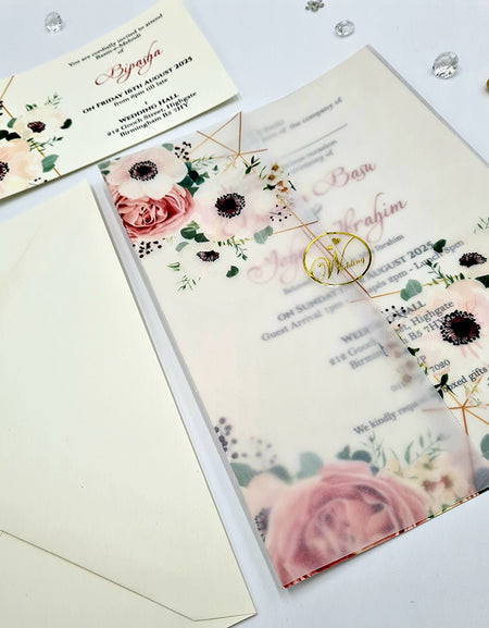 Peach and Pink Floral Design Translucent Wrap Invitation ABC 1091