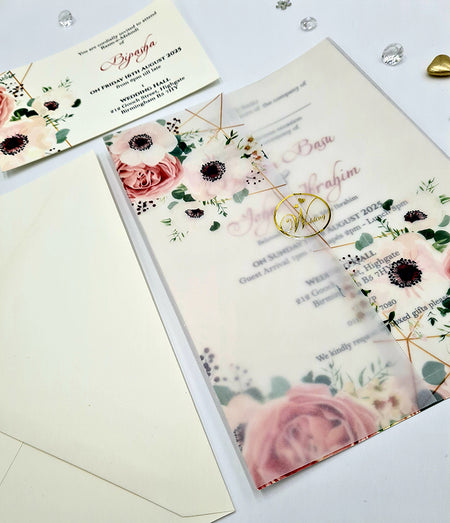 Peach and Pink Floral Design Translucent Wrap Invitation ABC 1091