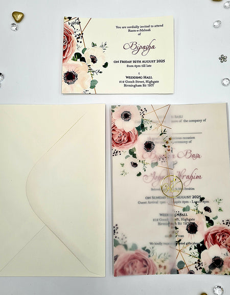 Peach and Pink Floral Design Translucent Wrap Invitation ABC 1091