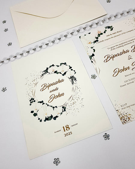 A5 size floral invitation card with envelope, displaying the card front and back, adorned with floral designs and elegant text.
