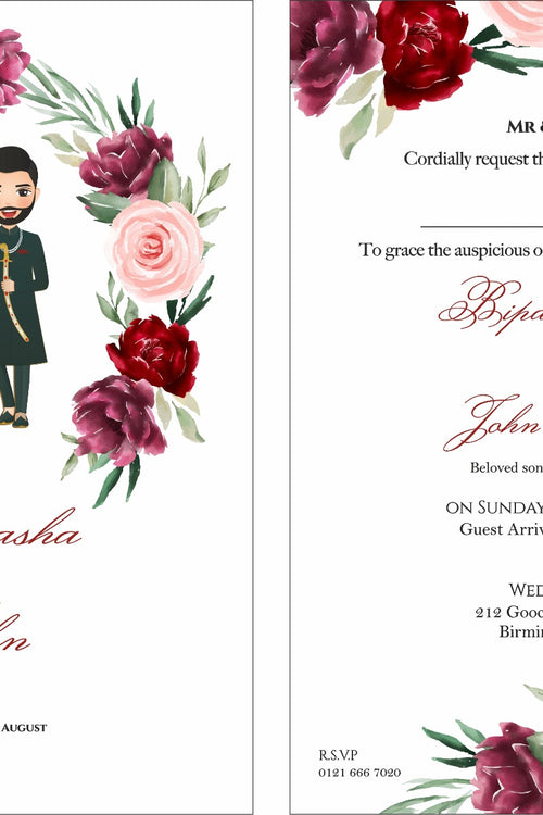 Load image into Gallery viewer, ABC 1071 Red Lehnga and Sherwani Couple caricature A5 Asian Wedding Invitation
