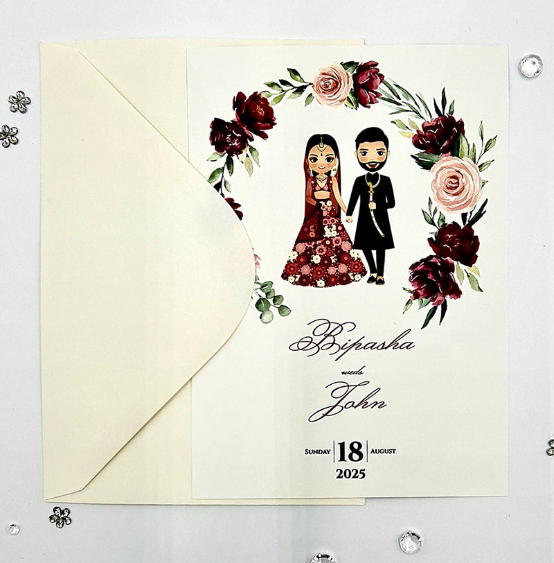 ABC 1071 Red Lehnga and Sherwani Couple caricature A5 Asian Wedding Invitation