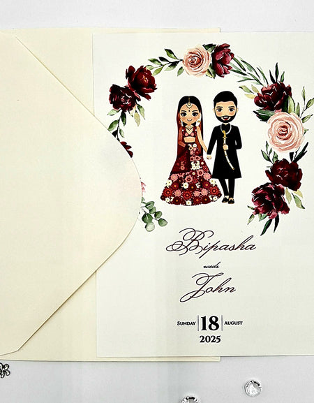ABC 1071 Red Lehnga and Sherwani Couple caricature A5 Asian Wedding Invitation