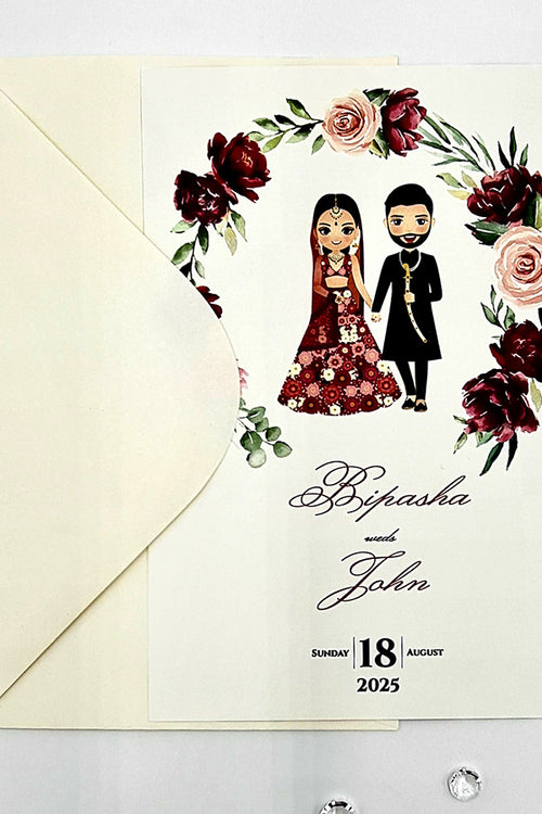 Load image into Gallery viewer, ABC 1071 Red Lehnga and Sherwani Couple caricature A5 Asian Wedding Invitation
