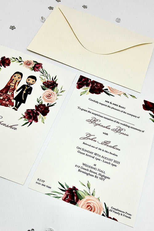 Load image into Gallery viewer, ABC 1071 Red Lehnga and Sherwani Couple caricature A5 Asian Wedding Invitation
