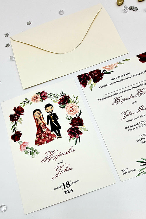 Load image into Gallery viewer, ABC 1071 Red Lehnga and Sherwani Couple caricature A5 Asian Wedding Invitation
