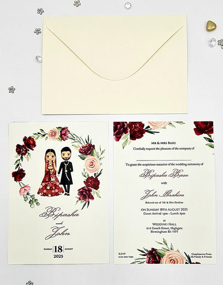 ABC 1071 Red Lehnga and Sherwani Couple caricature A5 Asian Wedding Invitation