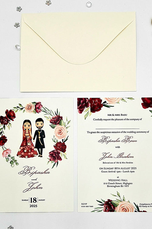 Load image into Gallery viewer, ABC 1071 Red Lehnga and Sherwani Couple caricature A5 Asian Wedding Invitation
