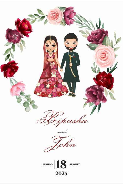 Load image into Gallery viewer, ABC 1071 Red Lehnga and Sherwani Couple caricature A5 Asian Wedding Invitation
