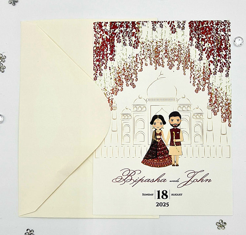 ABC 1072 Cute Asian Couple in Lehnga and Kurta caricature Invitation