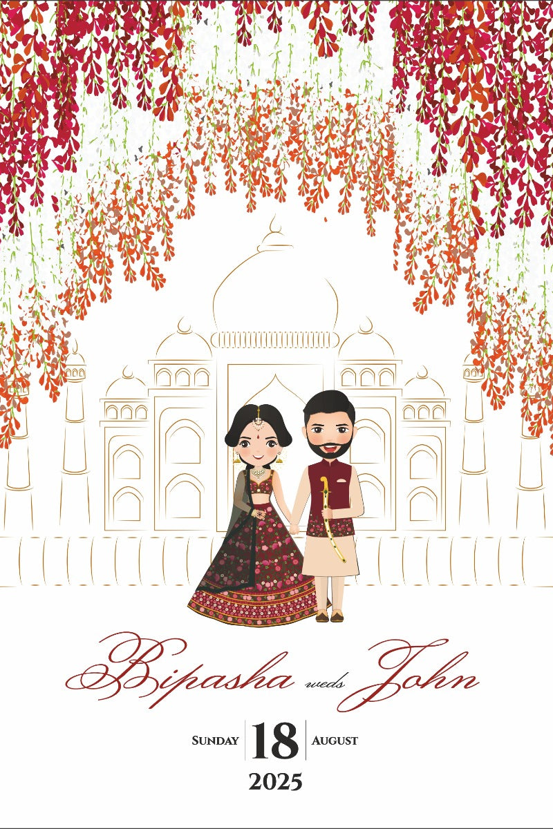 ABC 1072 Cute Asian Couple in Lehnga and Kurta caricature Invitation