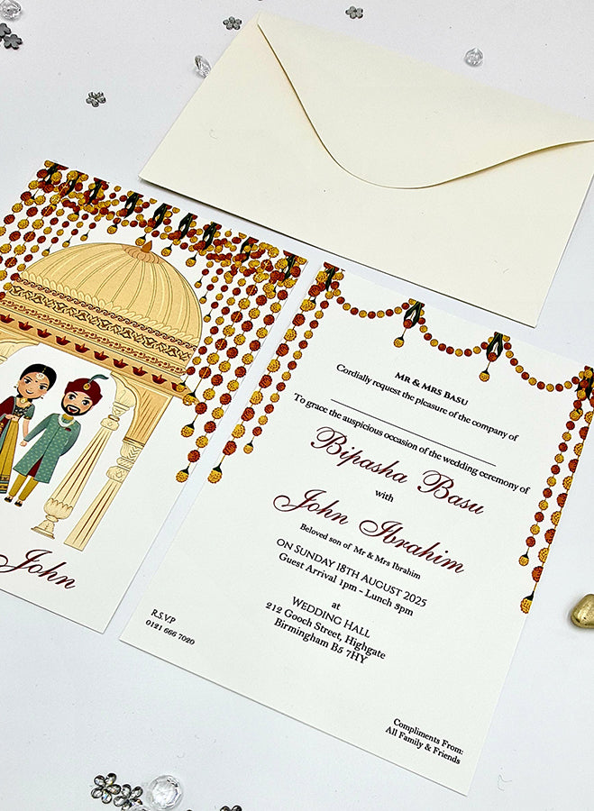 ABC 1073 Desi Asian Indian Pakistani Couple caricature Invitation Double Sided