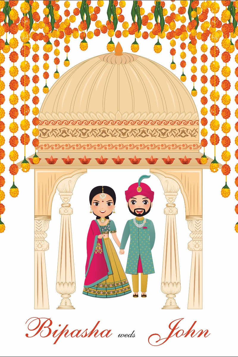 ABC 1073 Desi Asian Indian Pakistani Couple caricature Invitation Double Sided