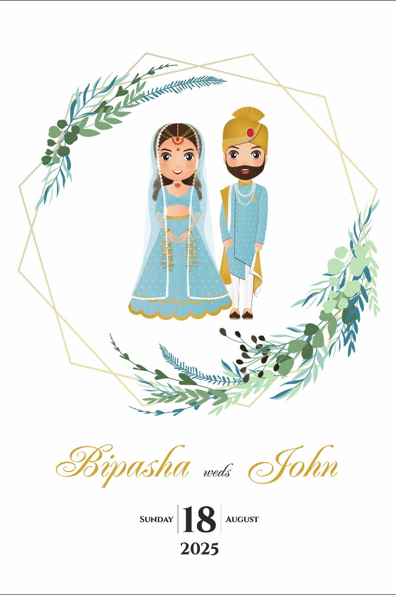 ABC 1074 Desi Asian Indian Pakistani Couple caricature Invitation Double Sided