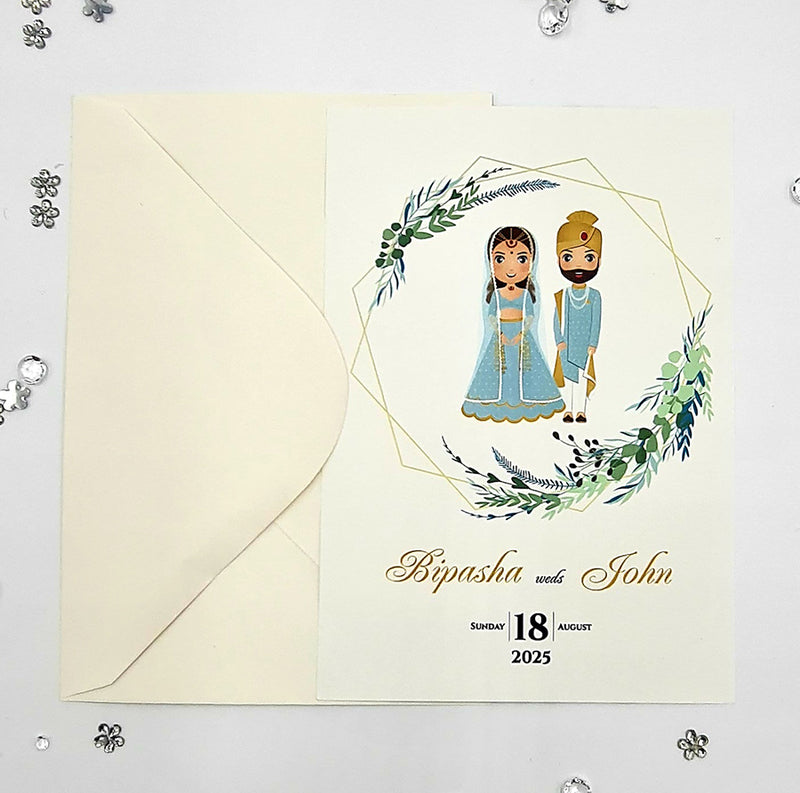 ABC 1074 Desi Asian Indian Pakistani Couple caricature Invitation Double Sided