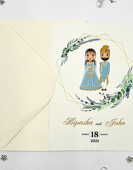 ABC 1074 Desi Asian Indian Pakistani Couple caricature Invitation Double Sided