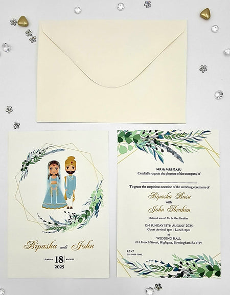 ABC 1074 Desi Asian Indian Pakistani Couple caricature Invitation Double Sided