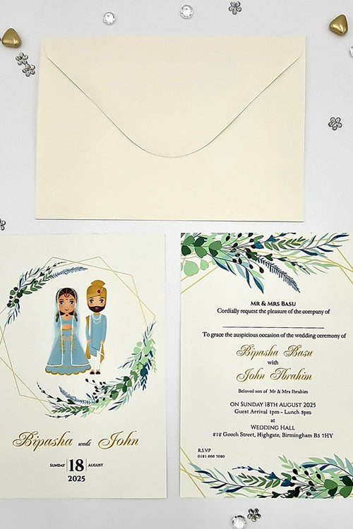 Load image into Gallery viewer, ABC 1074 Desi Asian Indian Pakistani Couple caricature Invitation Double Sided
