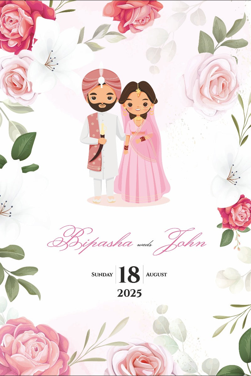 ABC 1075 Desi Asian Indian Pakistani Couple caricature Invitation Double Sided