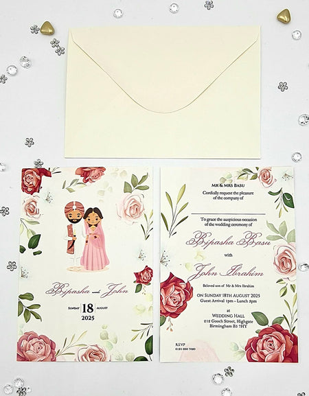 ABC 1075 Desi Asian Indian Pakistani Couple caricature Invitation Double Sided