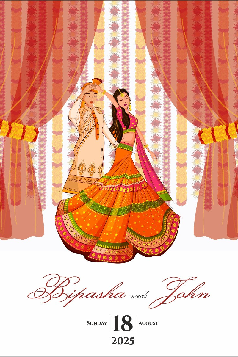 ABC 1076 Desi Asian Indian Pakistani Couple caricature Invitation Double Sided