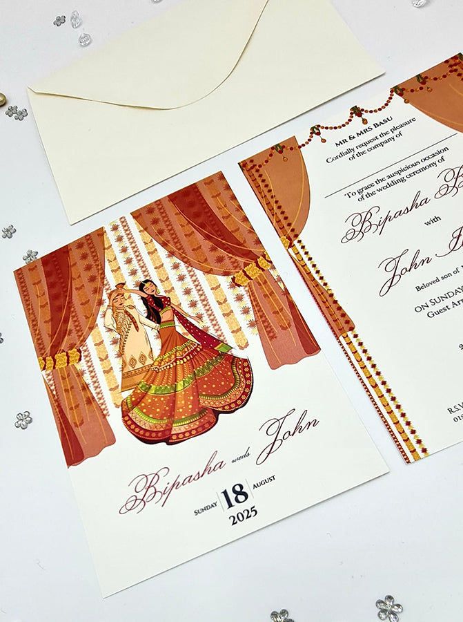 ABC 1076 Desi Asian Indian Pakistani Couple caricature Invitation Double Sided