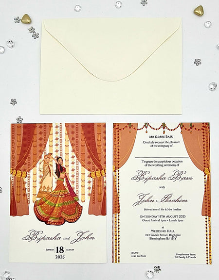 ABC 1076 Desi Asian Indian Pakistani Couple caricature Invitation Double Sided
