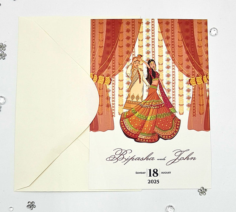 ABC 1076 Desi Asian Indian Pakistani Couple caricature Invitation Double Sided