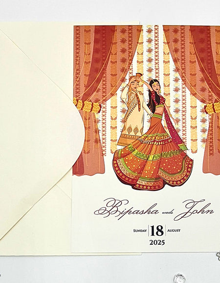 ABC 1076 Desi Asian Indian Pakistani Couple caricature Invitation Double Sided