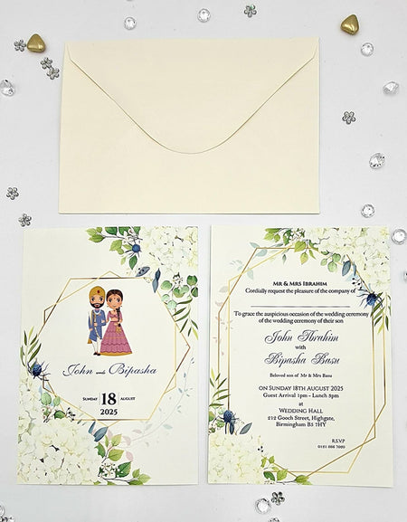 ABC 1077 Desi Asian Indian Pakistani Couple caricature Invitation Double Sided