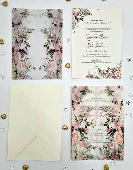 Lovely Peach, green and pink floral Translucent Vellum Invitation ABC 1081
