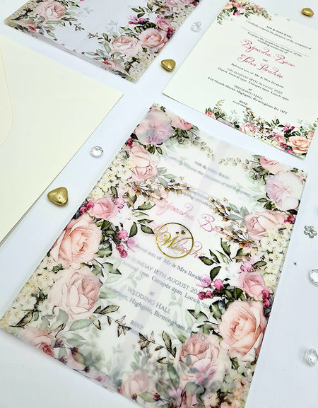 Lovely Peach, green and pink floral Translucent Vellum Invitation ABC 1081