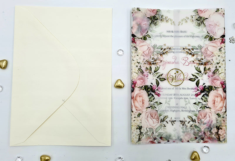 Lovely Peach, green and pink floral Translucent Vellum Invitation ABC 1081